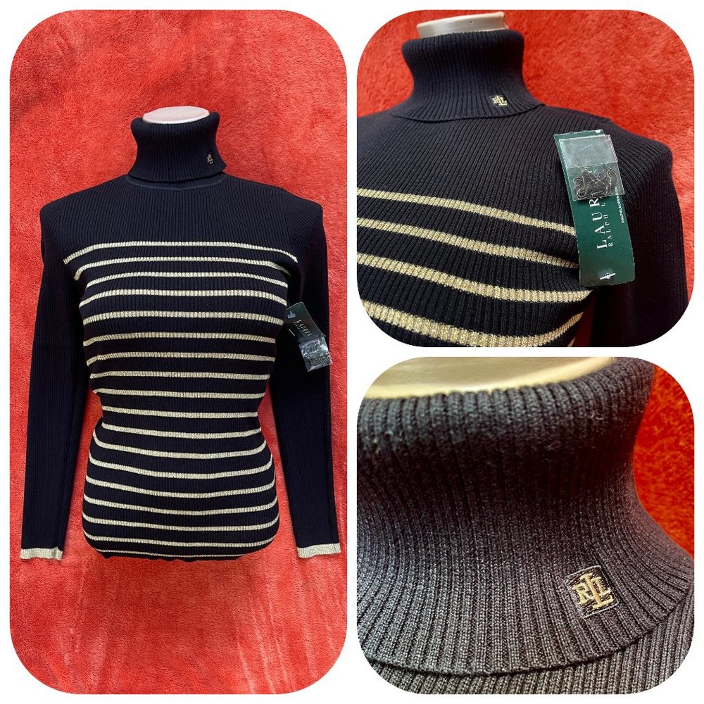 WWT RL Metallic Stripe ribbed turtleneck Logo top/sweater S
